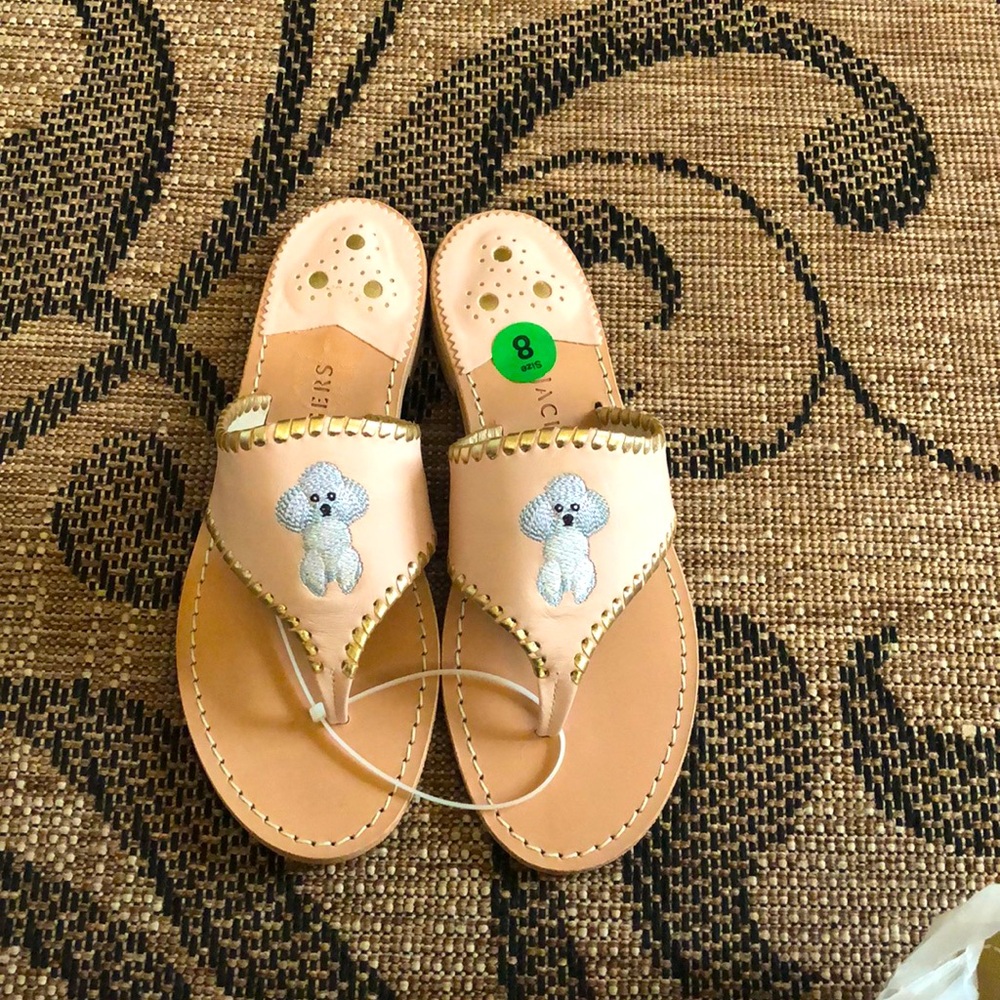 Jack Rogers Pink Leather Slide Sandals with White Embroidered Puppy